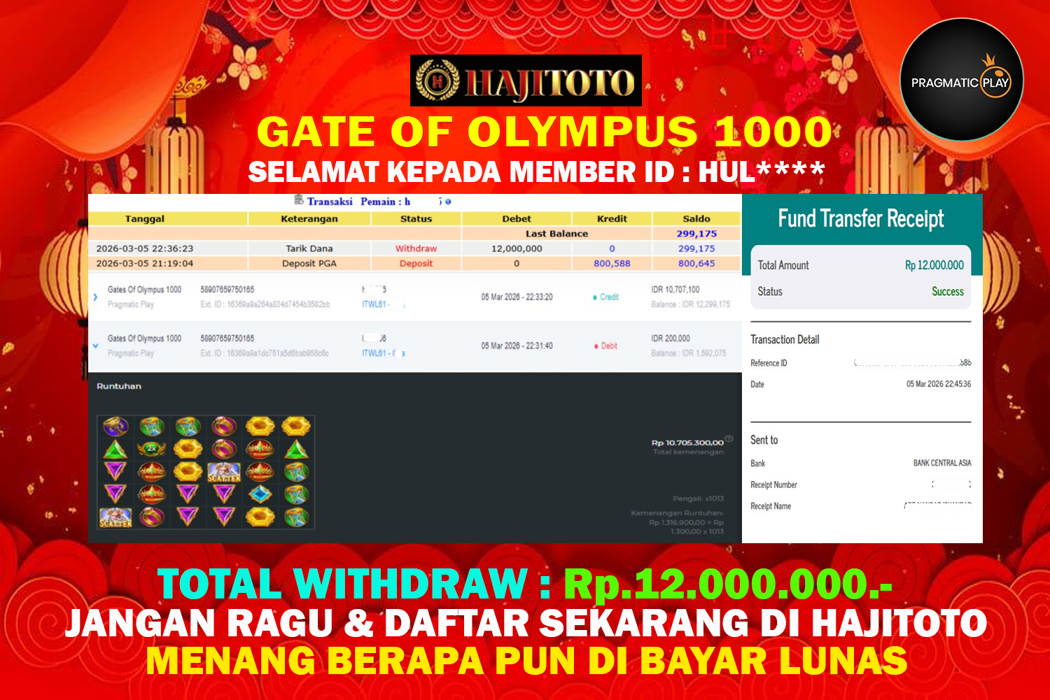 SELAMAT KEPADA PEMENANG MEMBER MERAIH JACKPOT DI GAME GATE OF OLYMPUS 1000 TOTAL RP 12.000.000 DI BAYAR LUNAS